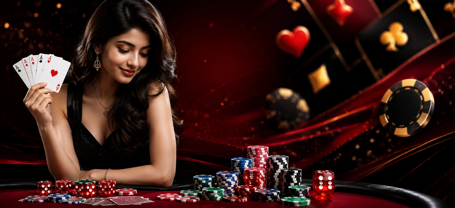Female card player with playing cards, casino chips and dice for an online King Game