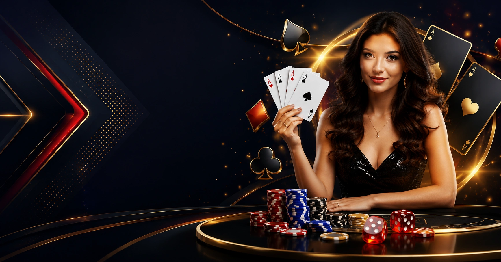 Female player holding playing cards with casino chips and dice for an Online King Game platform